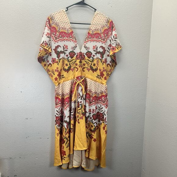 UMGEE Dress SZ M Yellow Deep V-Neck  Cottagecore Boho Peasant Spanish Festival - Picture 2 of 10